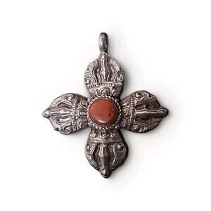 Vintage Double Dorje Strrling Silver Pendant With Coral Inlay. Buddhist